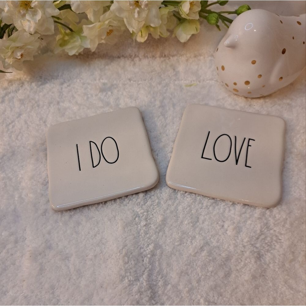 Rae Dunn Set of Two Coasters, "Love" & "I Do" Wedding/Love Measures 4"X4"